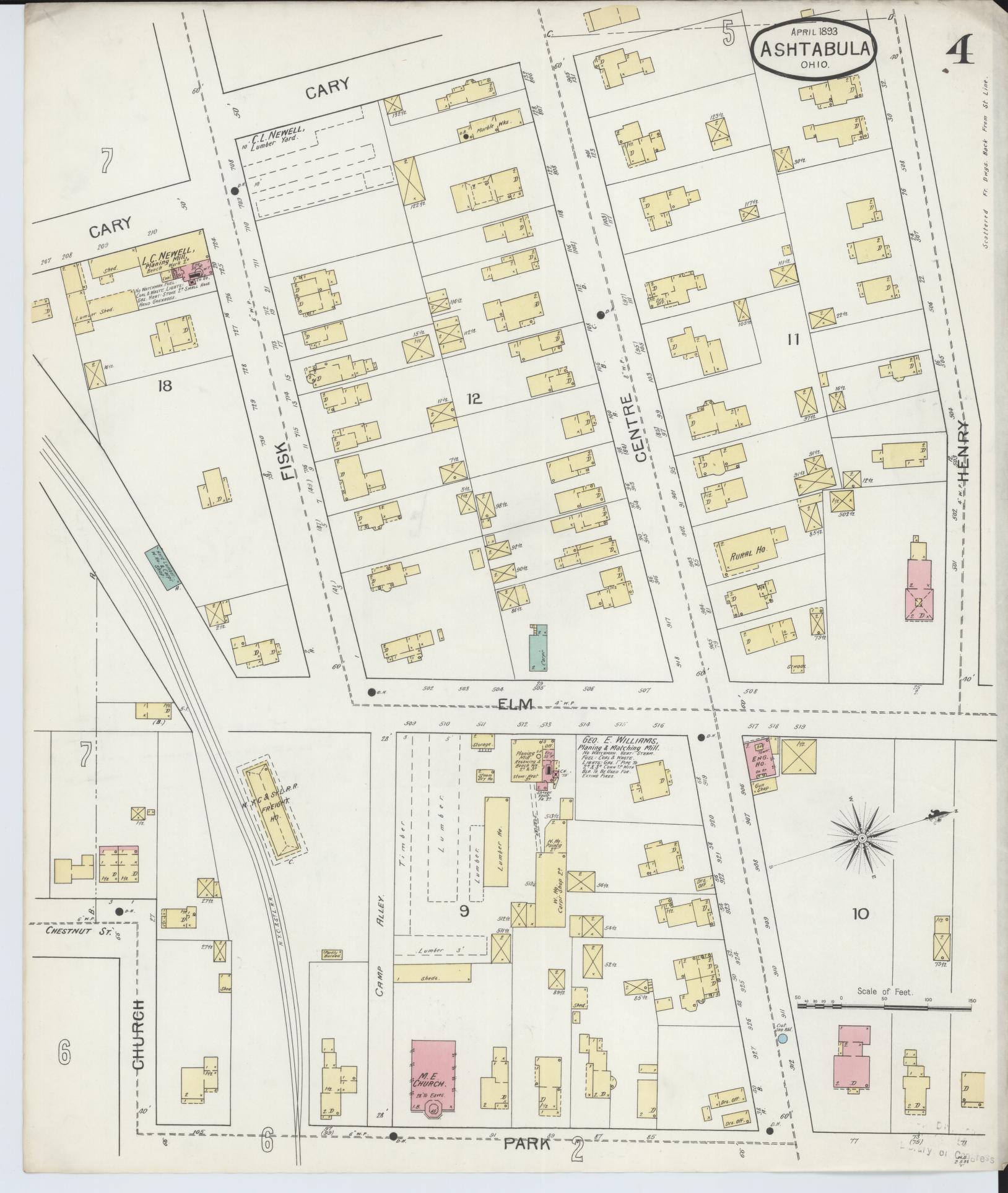 Sanborn Fire Insurance Map from Ashtabula, Ashtabula County, Ohio (1893), Sheet #0004 - Historic Sanborn Fire Insurance Map Print, vintage old map wall art, antique decor, genealogy gift, Ohio Ohio map