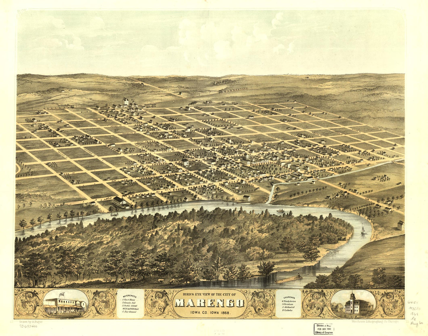 Bird's eye view of the city of Marengo, Iowa Co., Iowa 1868. (1868) – Historic Bird’s-Eye View Panorama Print