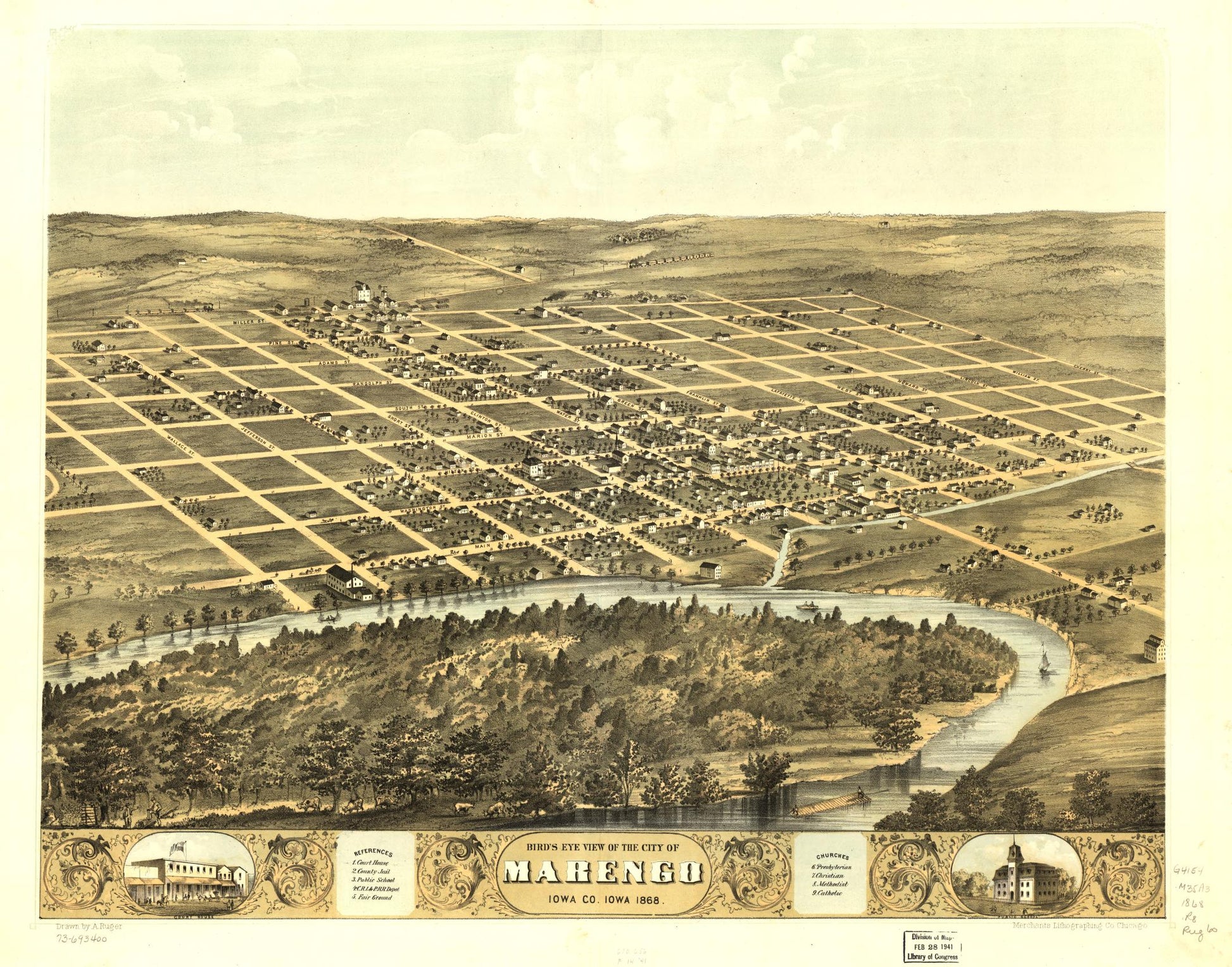Bird's eye view of the city of Marengo, Iowa Co., Iowa 1868. (1868) – Historic Bird’s-Eye View Panorama Print