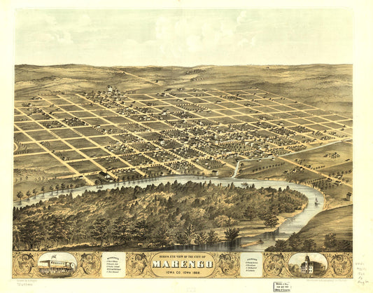 Bird's eye view of the city of Marengo, Iowa Co., Iowa 1868. (1868) – Historic Bird’s-Eye View Panorama Print