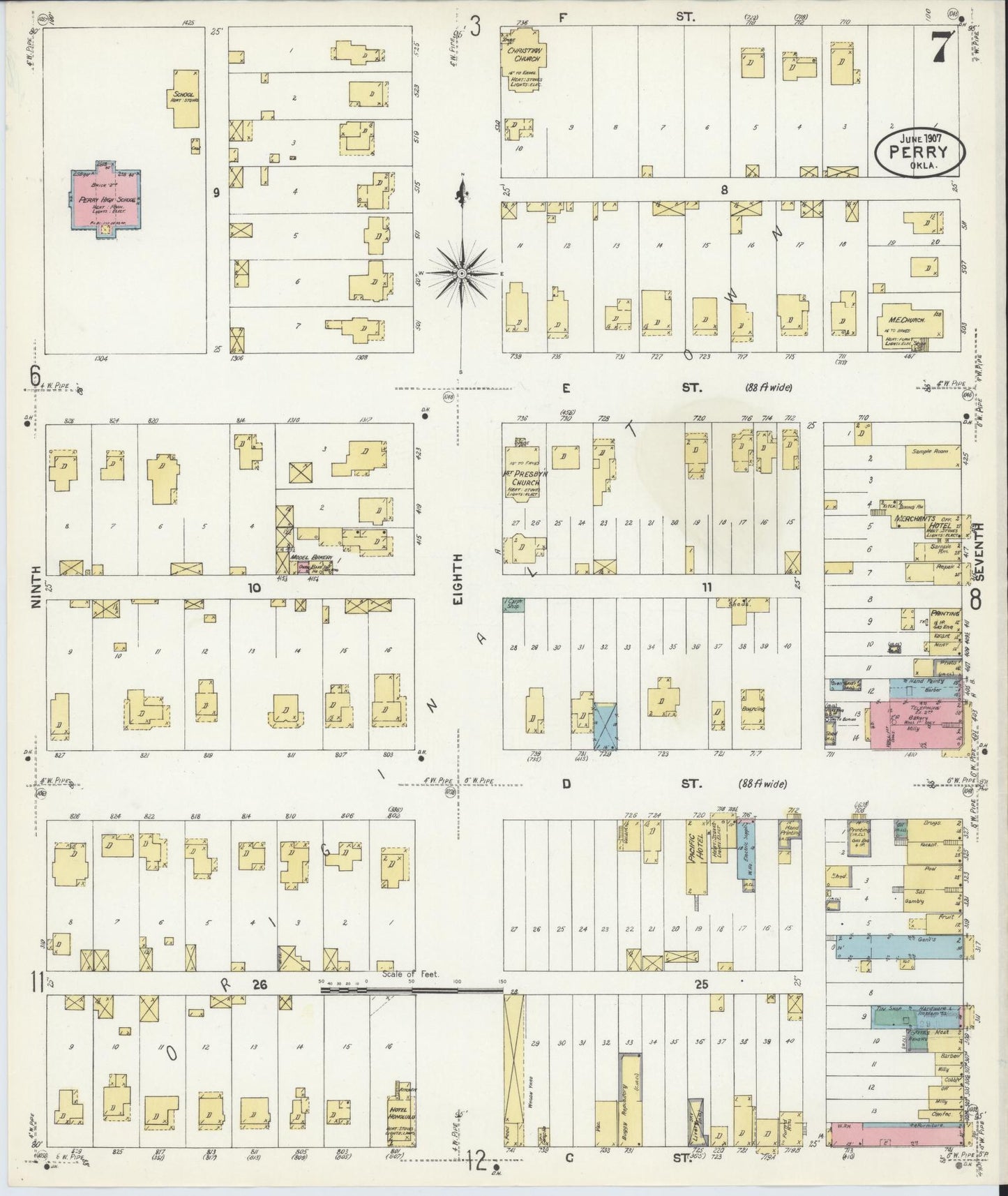 Sanborn Fire Insurance Map from Perry, Noble County, Oklahoma (1907), Sheet #0007 - Complete Map Set gallery image, historic Sanborn map, vintage wall art, Oklahoma Oklahoma