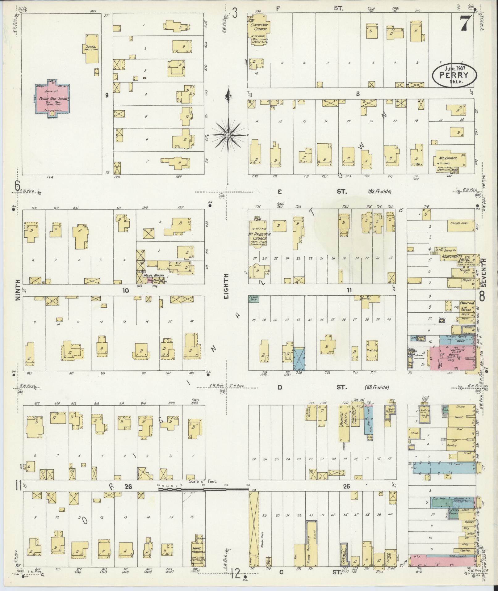 Sanborn Fire Insurance Map from Perry, Noble County, Oklahoma (1907), Sheet #0007 - Complete Map Set gallery image, historic Sanborn map, vintage wall art, Oklahoma Oklahoma