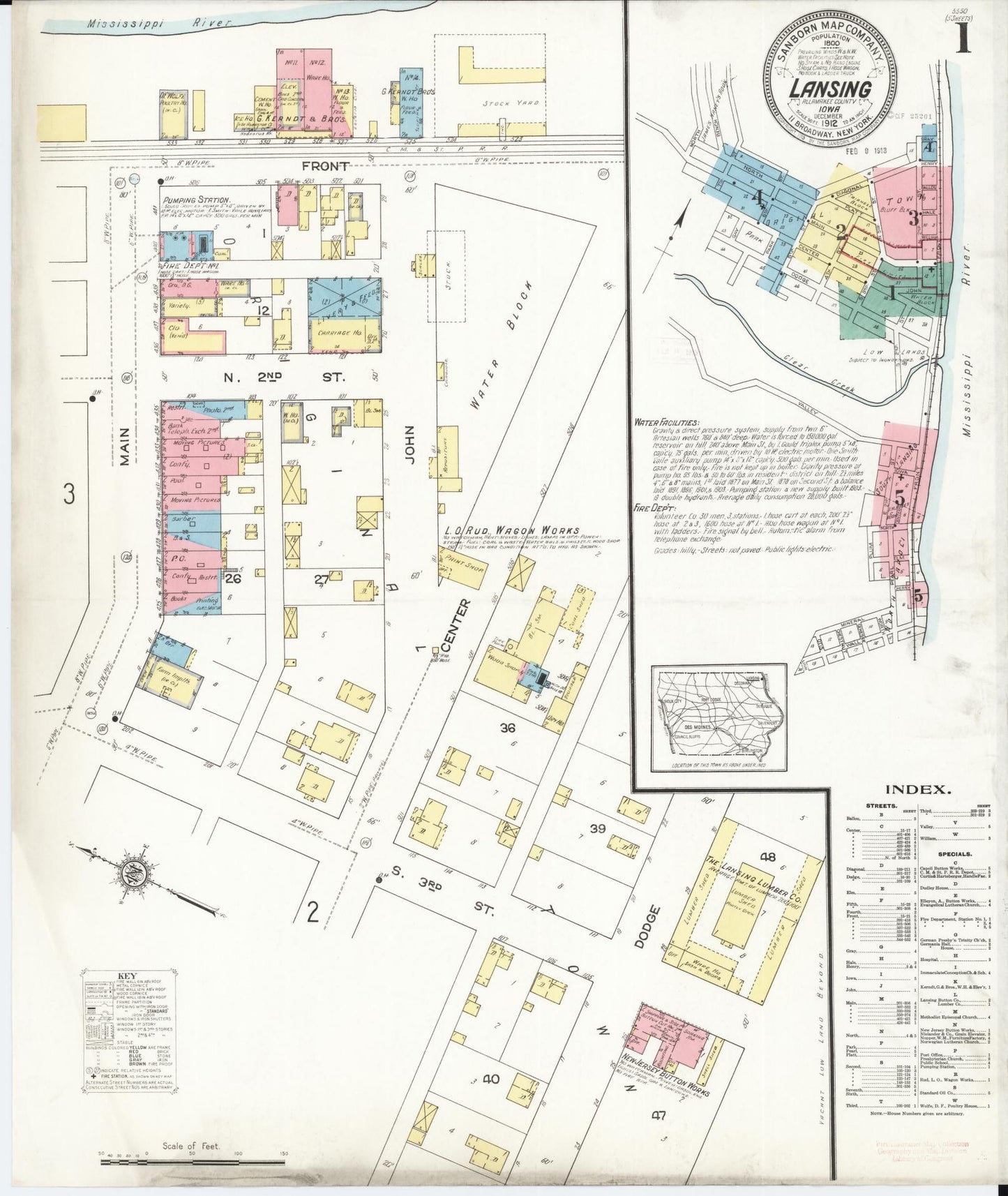 Sanborn Fire Insurance Map from Lansing, Allamakee County, Iowa (1912), Sheet #0001 - Historic Sanborn Fire Insurance Map Print, vintage old map wall art