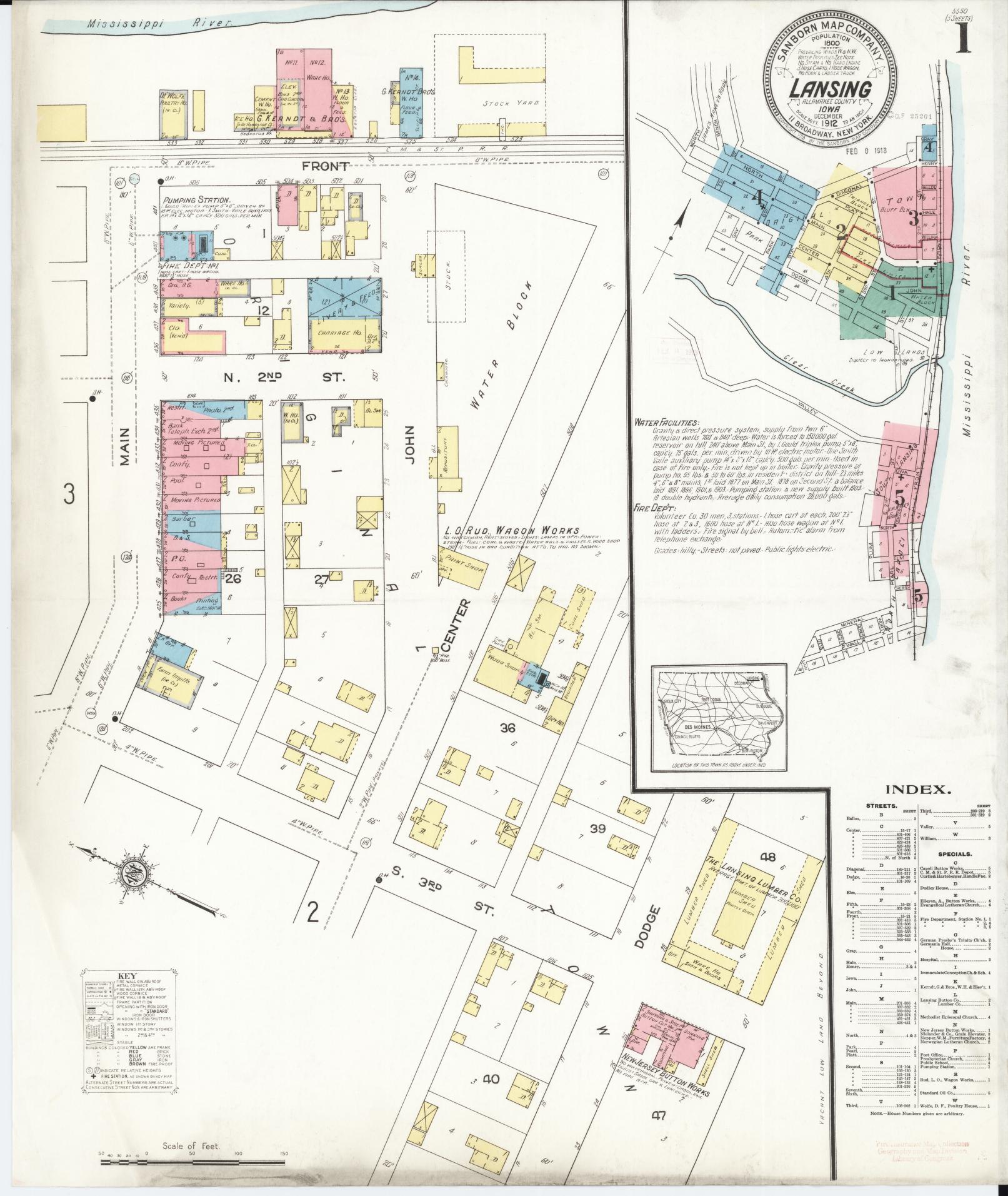 Sanborn Fire Insurance Map from Lansing, Allamakee County, Iowa (1912), Sheet #0001 - Historic Sanborn Fire Insurance Map Print, vintage old map wall art