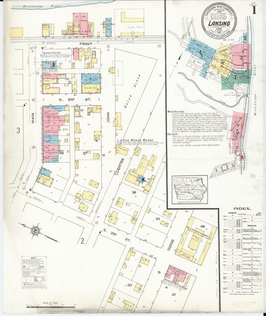 Sanborn Fire Insurance Map from Lansing, Allamakee County, Iowa (1912), Sheet #0001 - Historic Sanborn Fire Insurance Map Print, vintage old map wall art