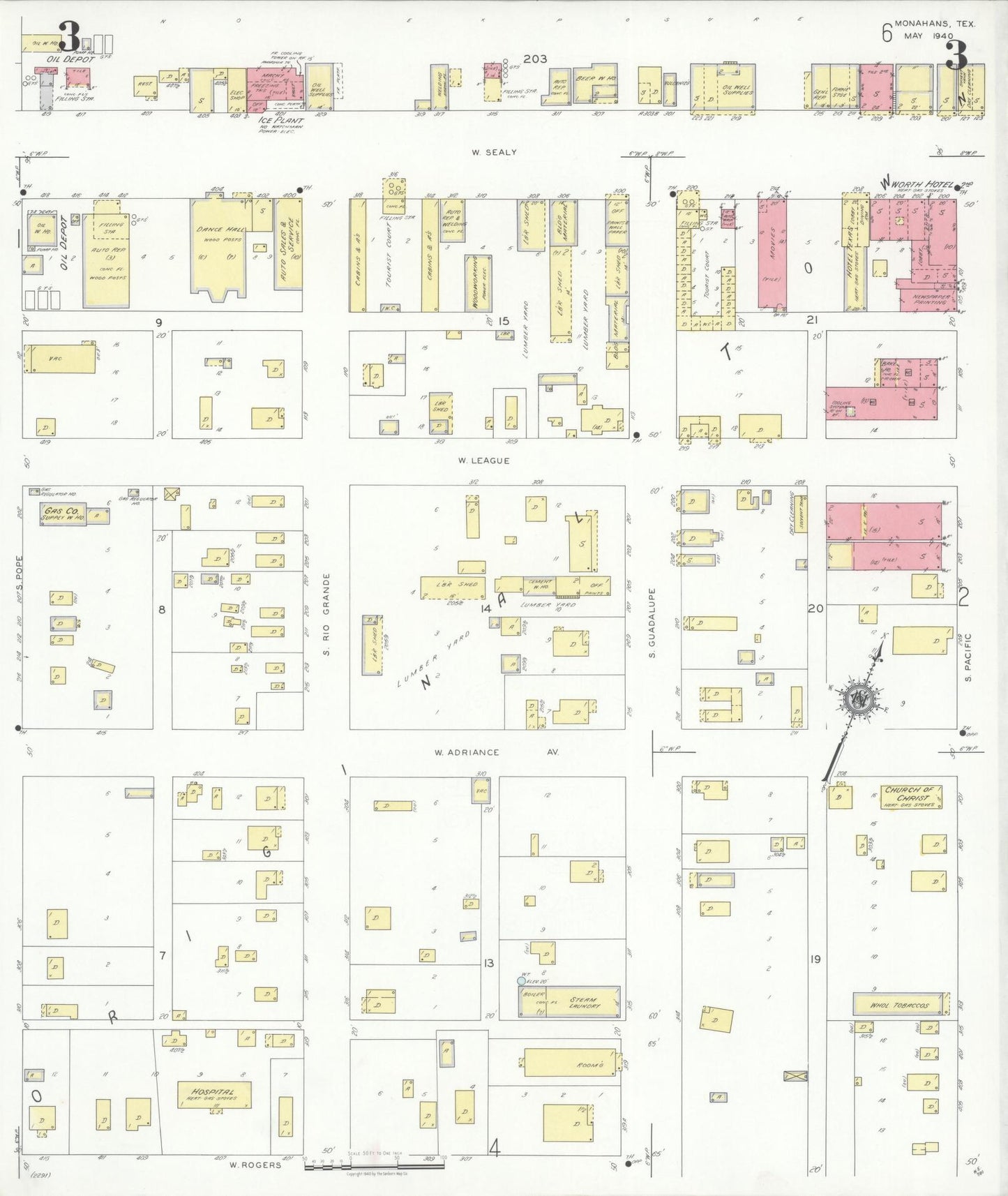 Sanborn Fire Insurance Map from Monahans, Ward County, Texas (1940), Sheet #0003 - Historic Sanborn Fire Insurance Map Print, vintage old map wall art, antique decor, genealogy gift, Texas Texas map