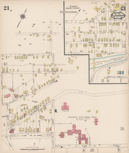 Sanborn Fire Insurance Map from Bloomsburg, Columbia County, Pennsylvania (1922), Sheet #0021 - Historic Sanborn Fire Insurance Map Print, vintage old map wall art, antique decor, genealogy gift, Pennsylvania Pennsylvania map