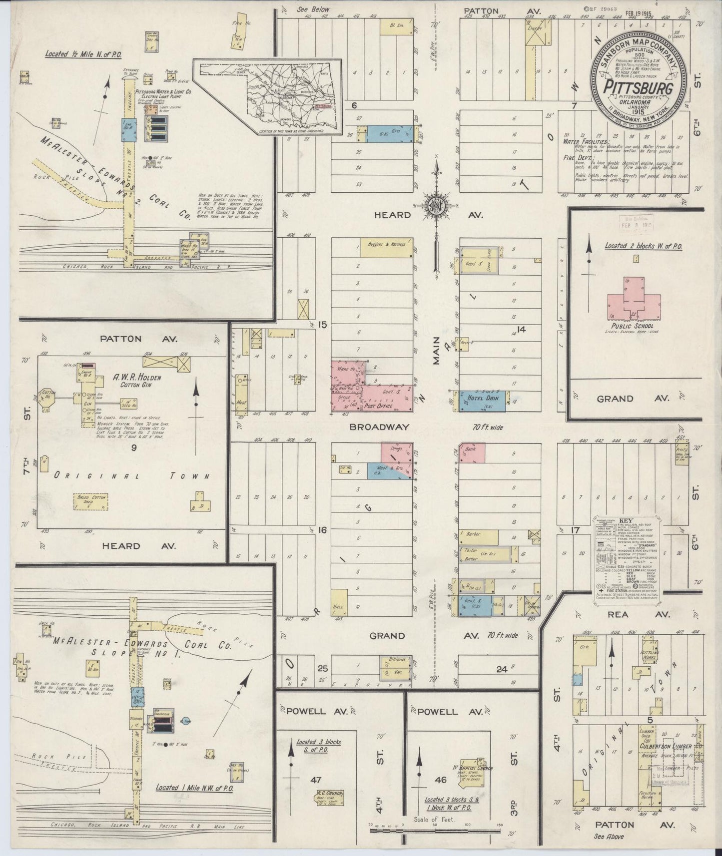 Sanborn Fire Insurance Map from Pittsburg, Pittsburg County, Oklahoma (1915), Sheet #0001 - Historic Sanborn Fire Insurance Map Print, vintage old map wall art, antique decor, genealogy gift, Oklahoma Oklahoma map