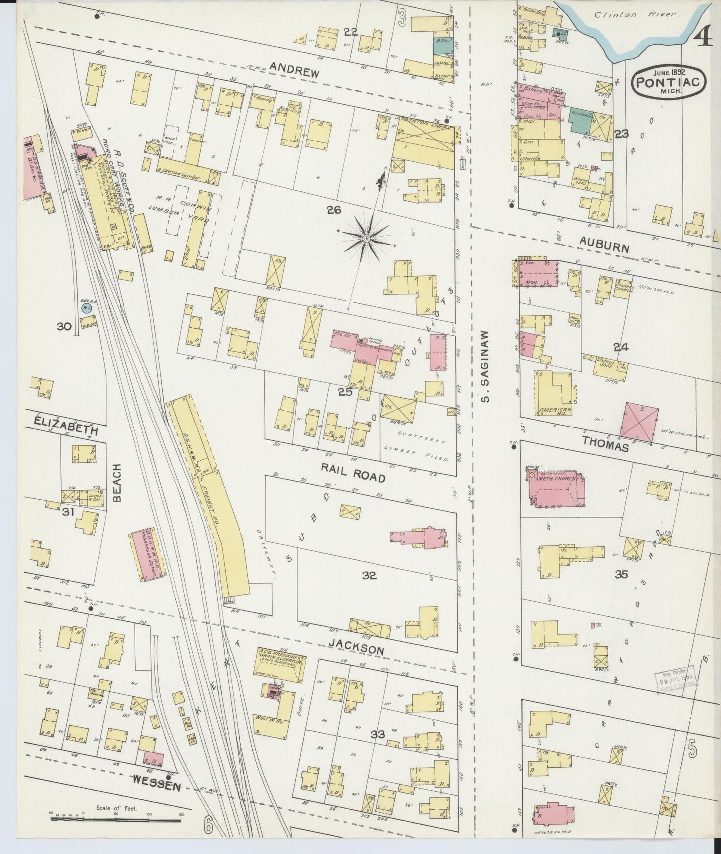 Sanborn Fire Insurance Map from Pontiac, Oakland County, Michigan (1892), Sheet #0004 - Historic Sanborn Fire Insurance Map Print, vintage old map wall art, antique decor, genealogy gift, Michigan Michigan map