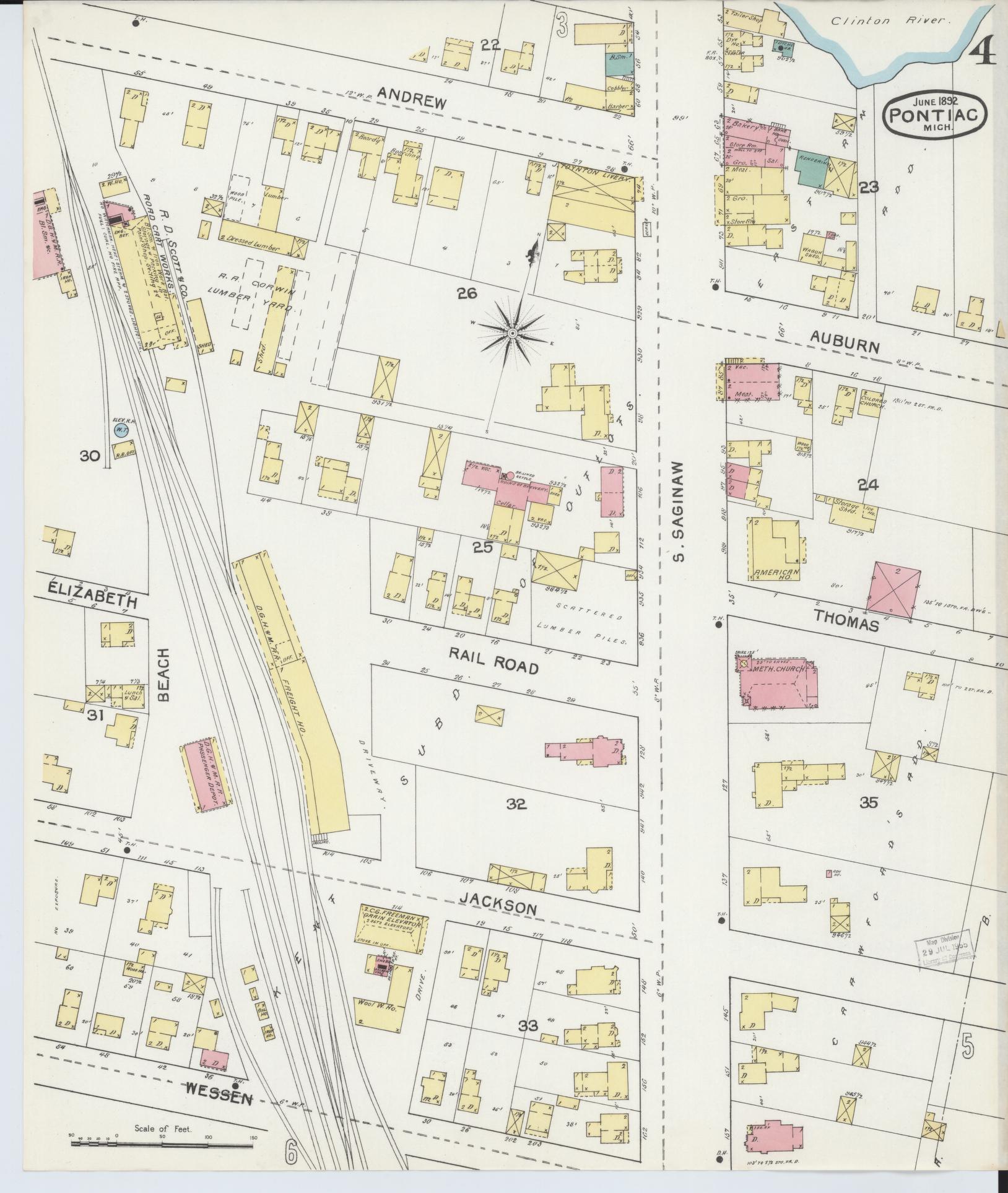 Sanborn Fire Insurance Map from Pontiac, Oakland County, Michigan (1892), Sheet #0004 - Historic Sanborn Fire Insurance Map Print, vintage old map wall art, antique decor, genealogy gift, Michigan Michigan map