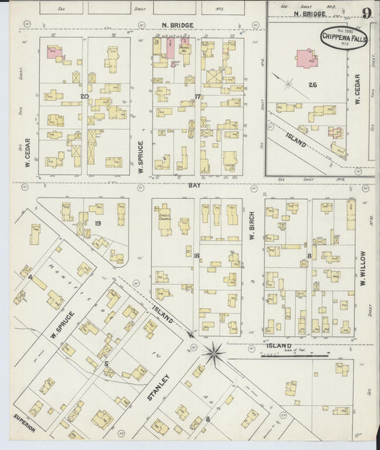 Sanborn Fire Insurance Map from Chippewa Falls, Chippewa County, Wisconsin (1890), Sheet #0009 - Historic Sanborn Fire Insurance Map Print, vintage old map wall art, antique decor, genealogy gift, Wisconsin Wisconsin map