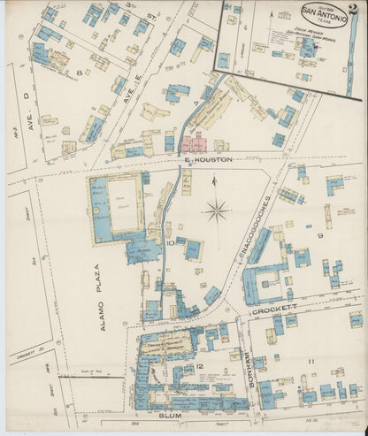 Sanborn Fire Insurance Map from San Antonio, Bexar County, Texas (1885), Sheet #0002 - Historic Sanborn Fire Insurance Map Print, vintage old map wall art, antique decor, genealogy gift, Texas Texas map