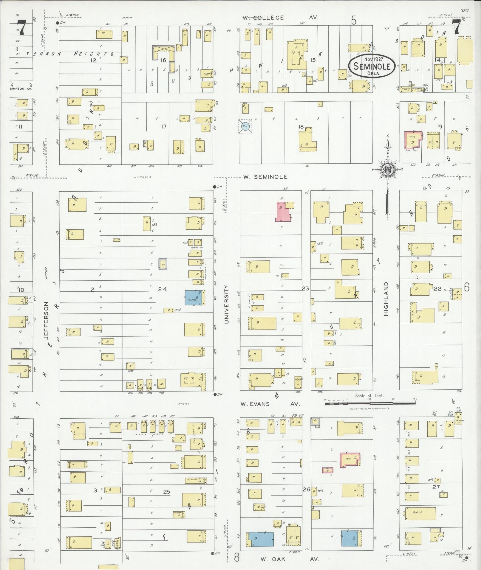 Sanborn Fire Insurance Map from Seminole, Seminole County, Oklahoma (1927), Sheet #0007 - Complete Map Set gallery image, historic Sanborn map, vintage wall art, Oklahoma Oklahoma
