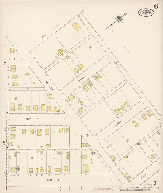 Sanborn Fire Insurance Map from Coalinga, Fresno County, California (1910), Sheet #0006 - Historic Sanborn Fire Insurance Map Print, vintage old map wall art, antique decor, genealogy gift, California California map