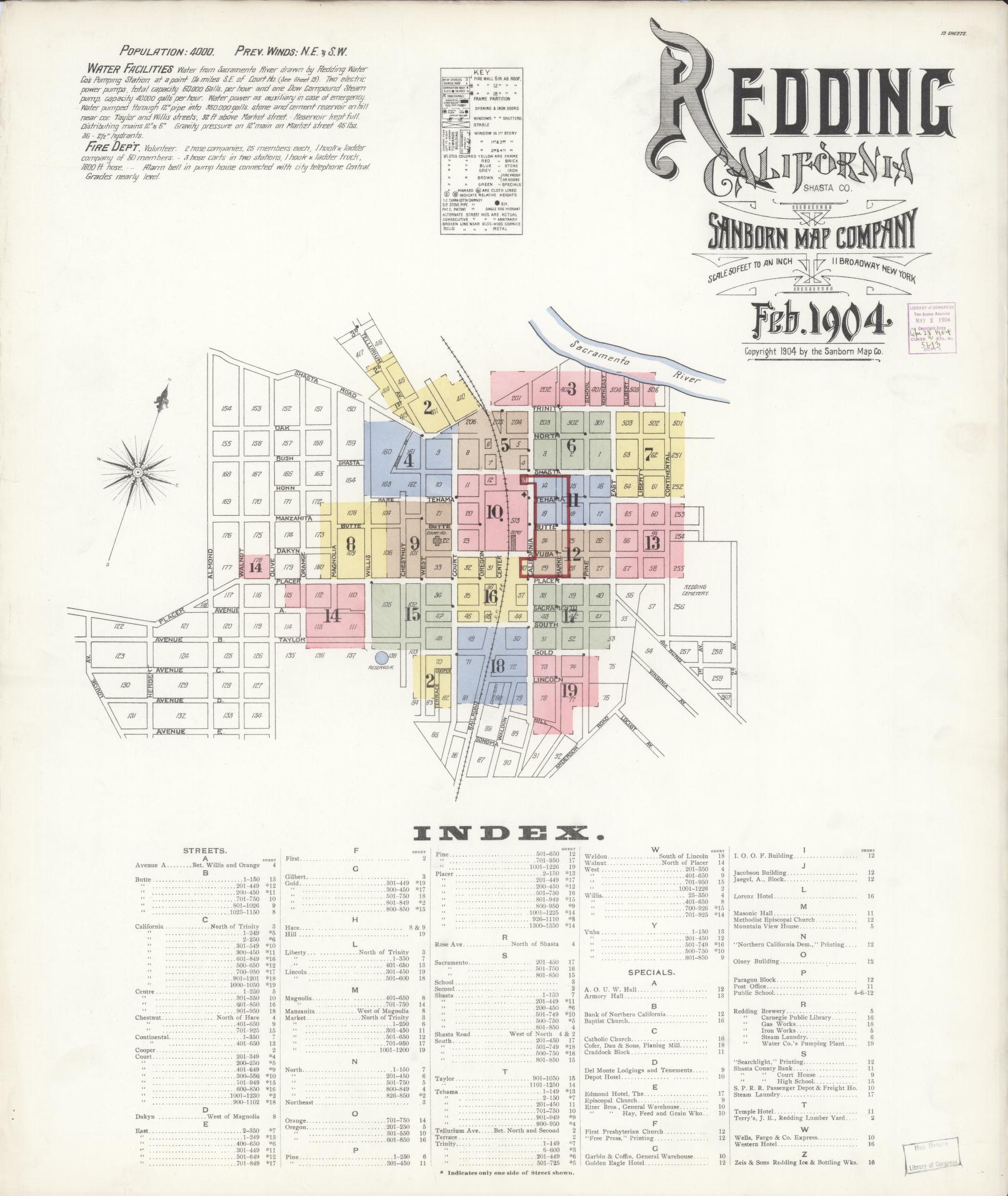 Sanborn Fire Insurance Map from Redding, Shasta County, California (1904), Sheet #0001 - Complete Map Set gallery image, historic Sanborn map, vintage wall art, California California