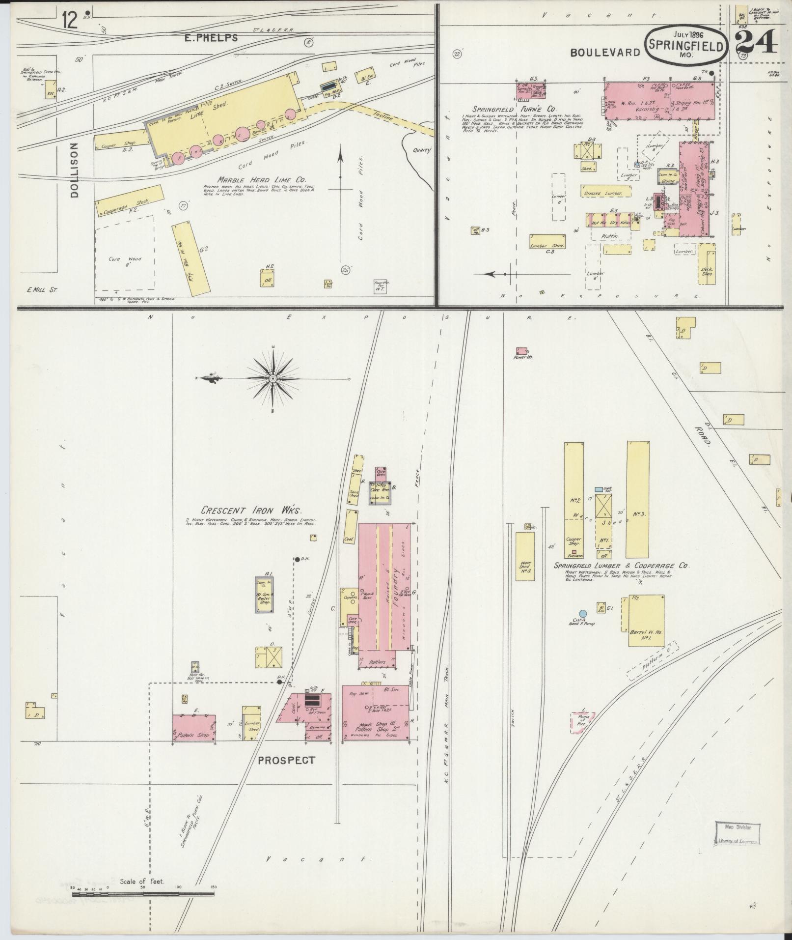 Sanborn Fire Insurance Map from Springfield, Greene County, Missouri (1896), Sheet #0024 - Historic Sanborn Fire Insurance Map Print, vintage old map wall art, antique decor, genealogy gift, Missouri Missouri map