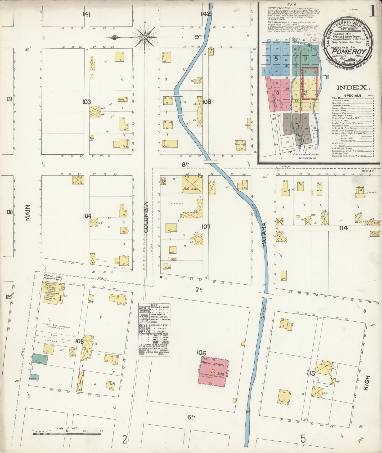 Sanborn Fire Insurance Map from Pomeroy, Garfield County, Washington (1896), Sheet #0001 - Complete Map Set gallery image, historic Sanborn map, vintage wall art, Washington Washington