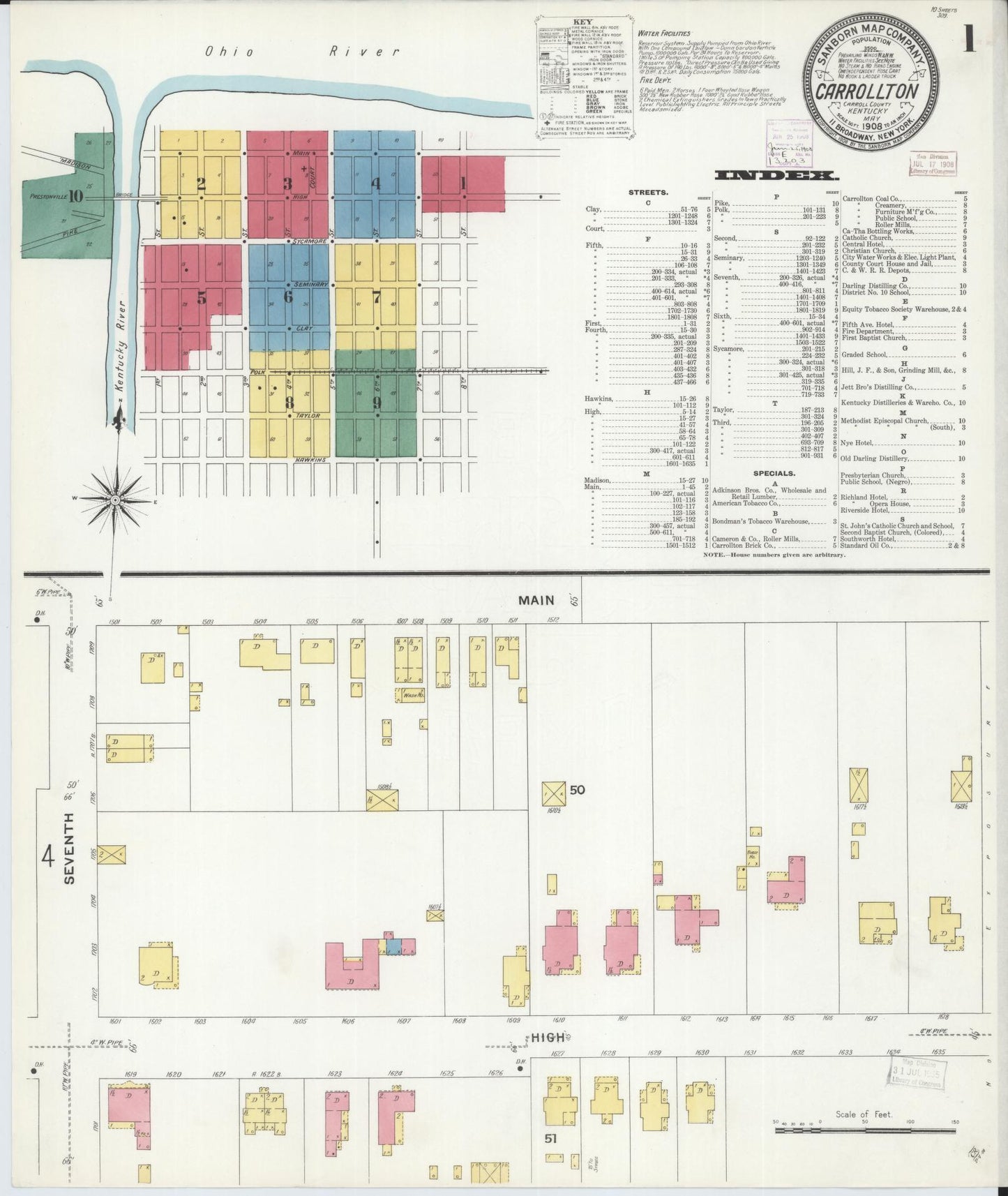 Sanborn Fire Insurance Map from Carrollton, Carroll County, Kentucky (1908), Sheet #0001 - Historic Sanborn Fire Insurance Map Print, vintage old map wall art, antique decor, genealogy gift, Kentucky Kentucky map
