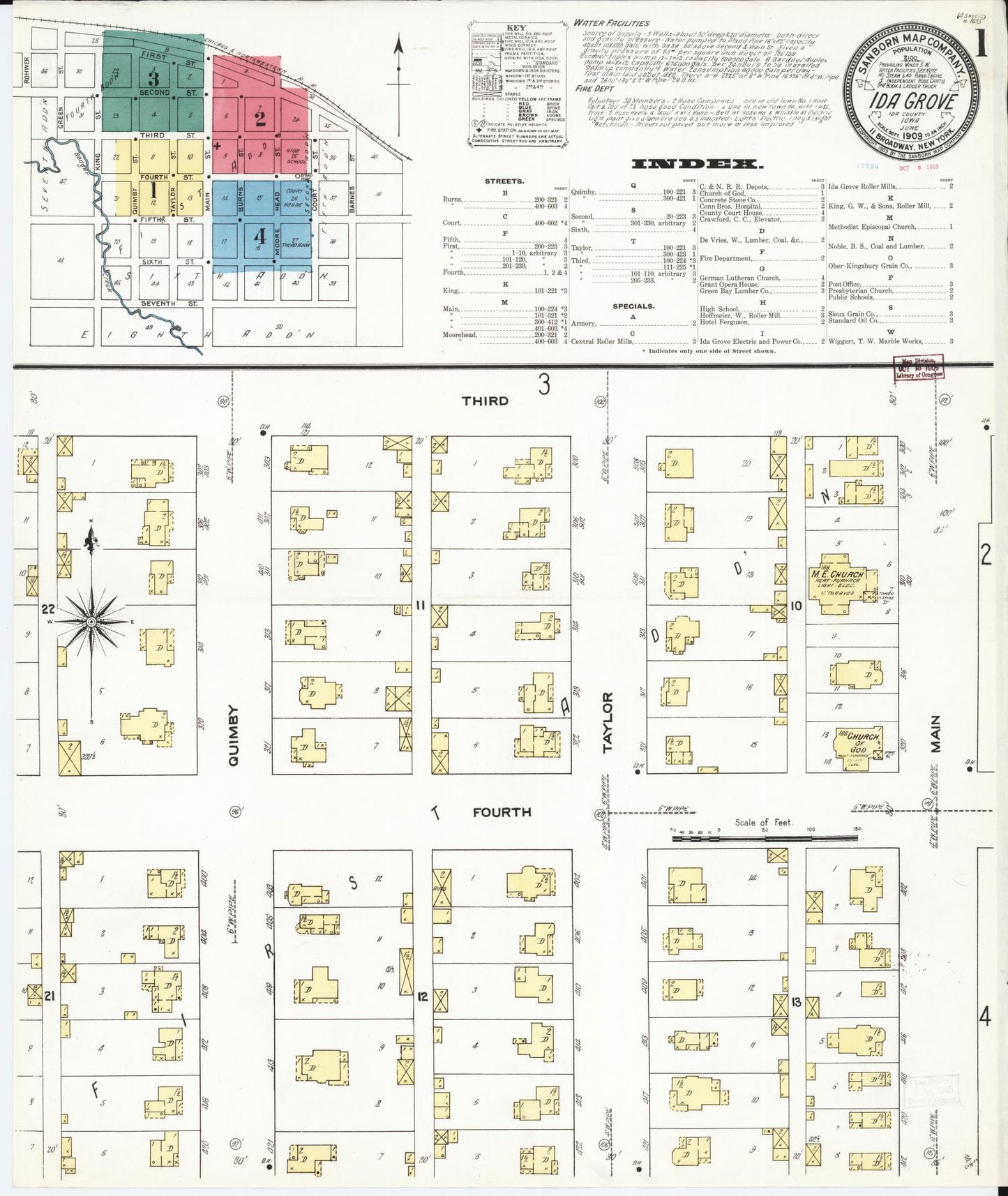 Sanborn Fire Insurance Map from Ida Grove, Ida County, Iowa (1909), Sheet #0001 - Historic Sanborn Fire Insurance Map Print, vintage old map wall art
