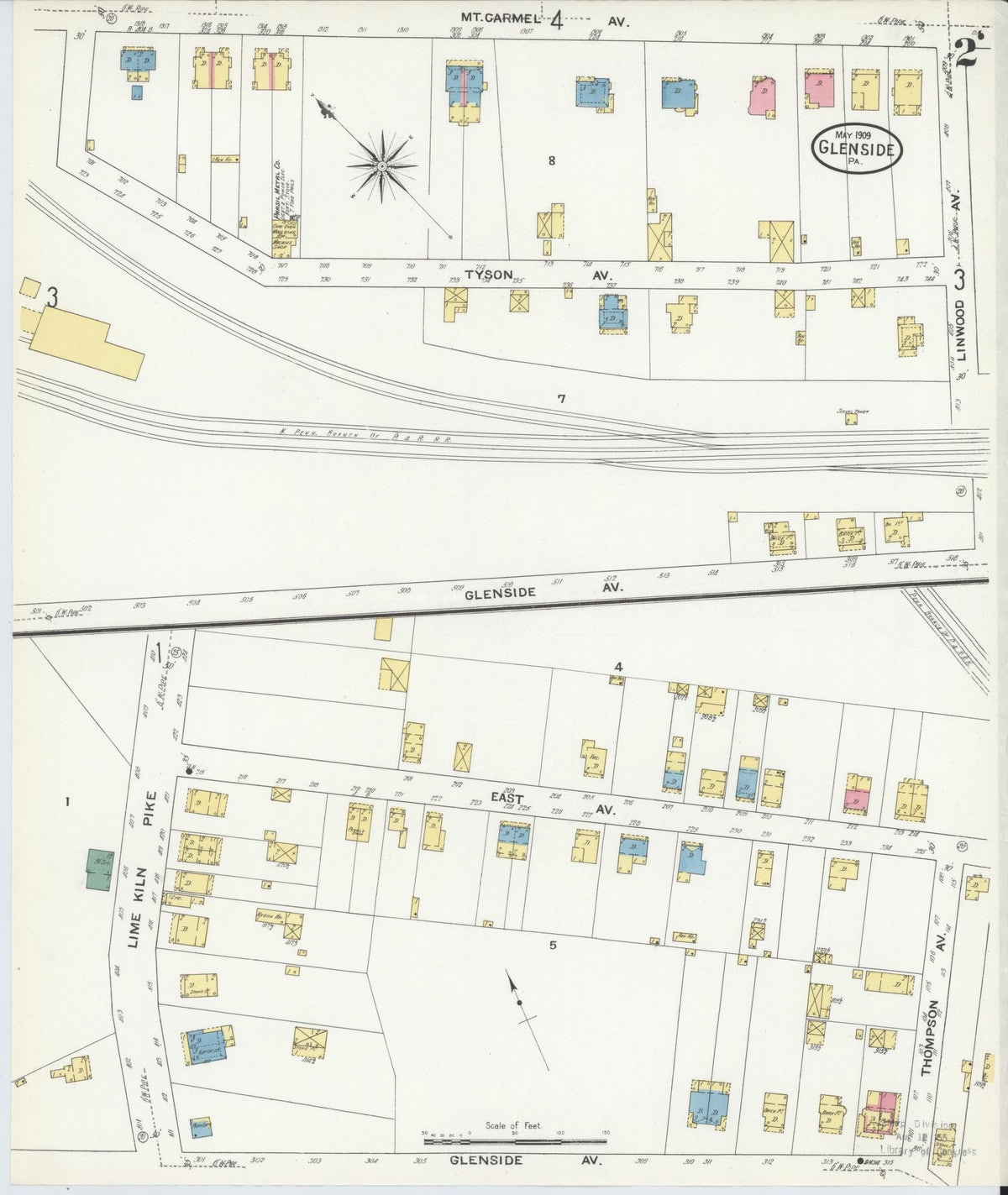 Sanborn Fire Insurance Map from Glenside, Montgomery County, Pennsylvania (1909), Sheet #0002 - Complete Map Set gallery image, historic Sanborn map, vintage wall art, Pennsylvania Pennsylvania