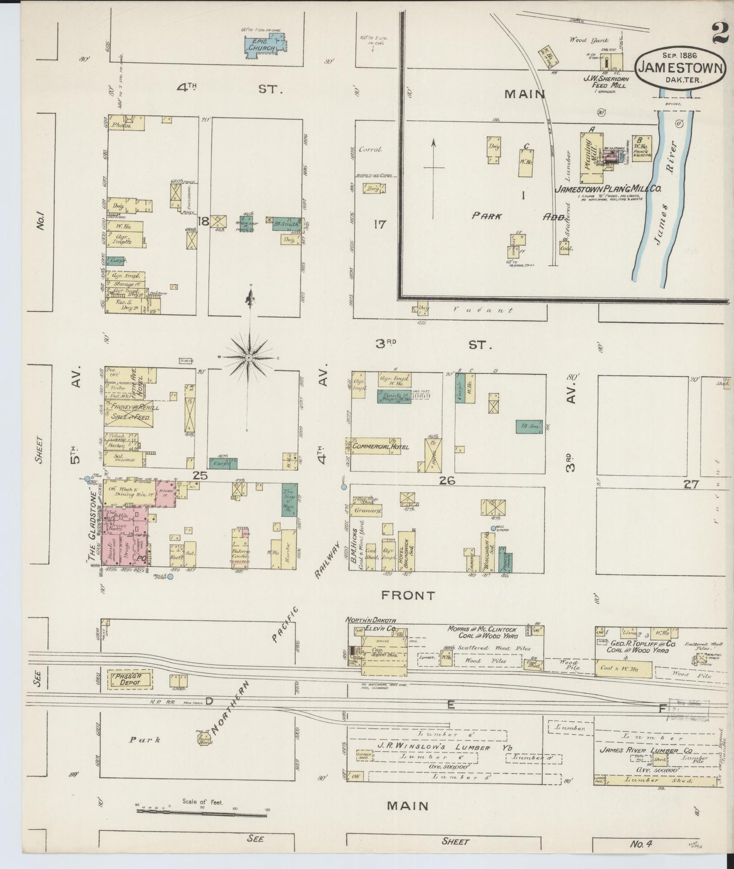 Sanborn Fire Insurance Map from Jamestown, Stutsman County, North Dakota (1886), Sheet #0002 - Complete Map Set gallery image, historic Sanborn map, vintage wall art, North Dakota North Dakota