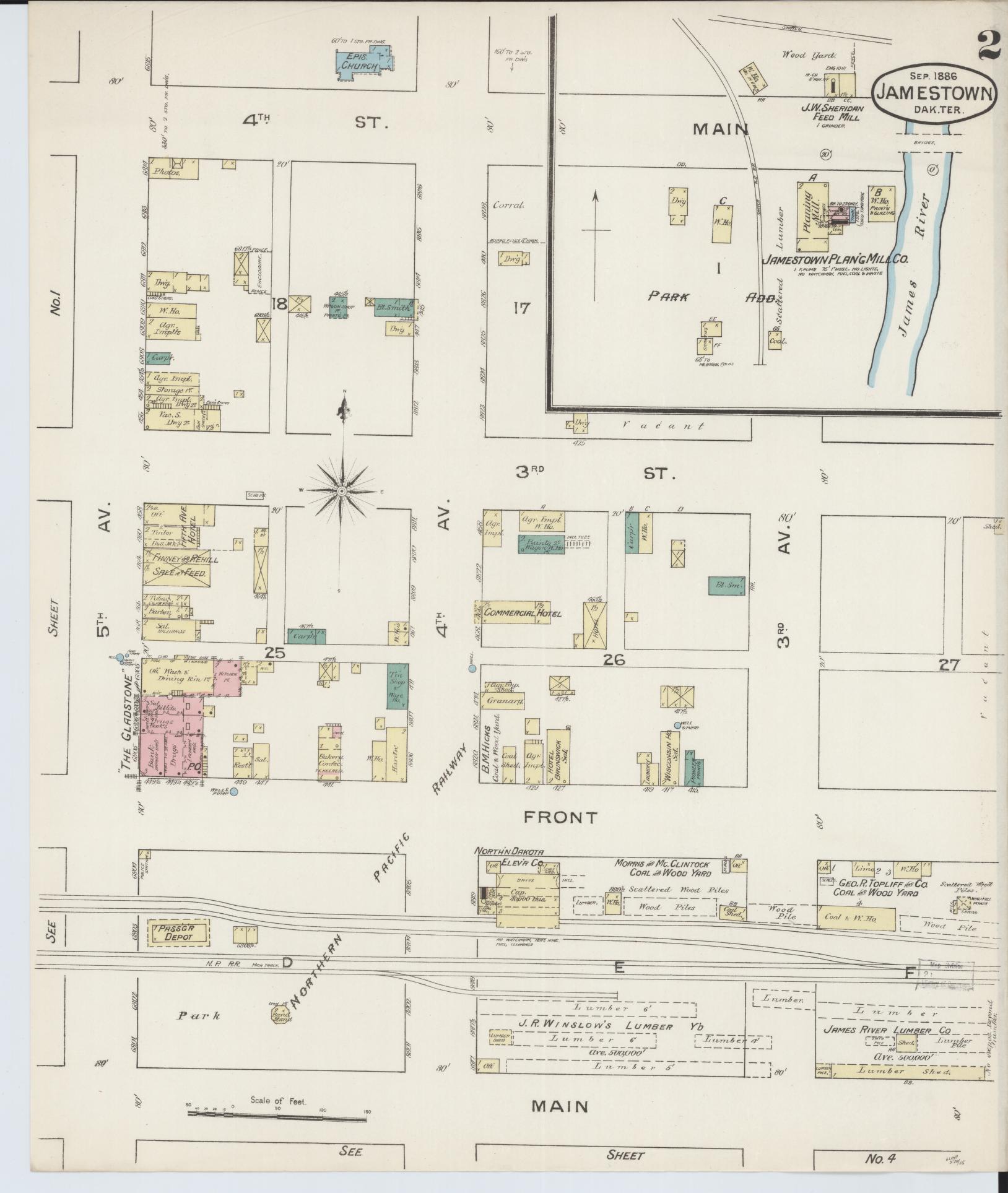 Sanborn Fire Insurance Map from Jamestown, Stutsman County, North Dakota (1886), Sheet #0002 - Complete Map Set gallery image, historic Sanborn map, vintage wall art, North Dakota North Dakota