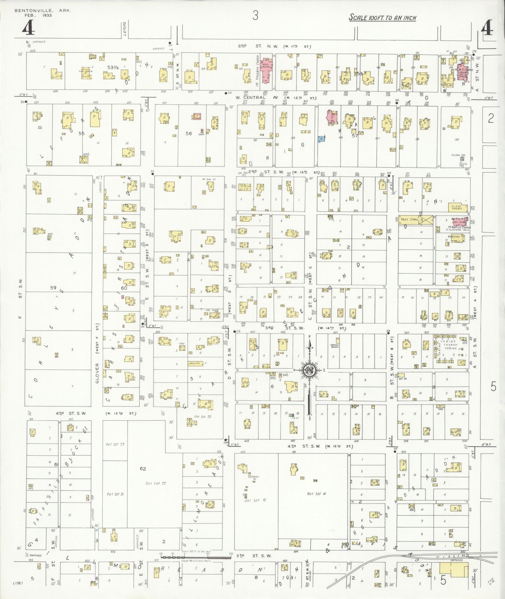 Sanborn Fire Insurance Map from Bentonville, Benton County, Arkansas (1933), Sheet #0004 - Complete Map Set gallery image, historic Sanborn map, vintage wall art, Arkansas Arkansas