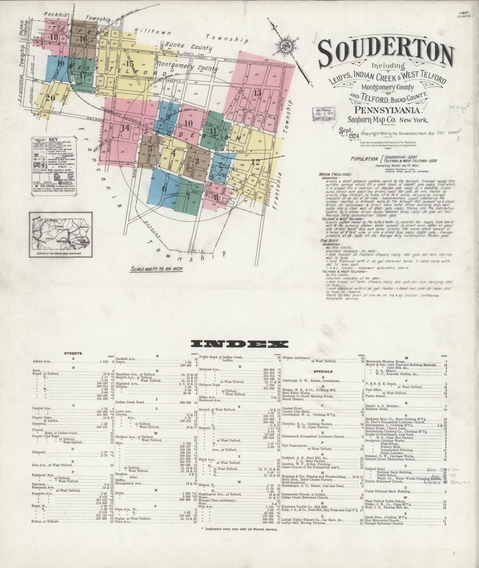 Sanborn Fire Insurance Map from Souderton, Montgomery County, Pennsylvania (1924), Sheet #0001 - Complete Map Set gallery image, historic Sanborn map, vintage wall art, Pennsylvania Pennsylvania