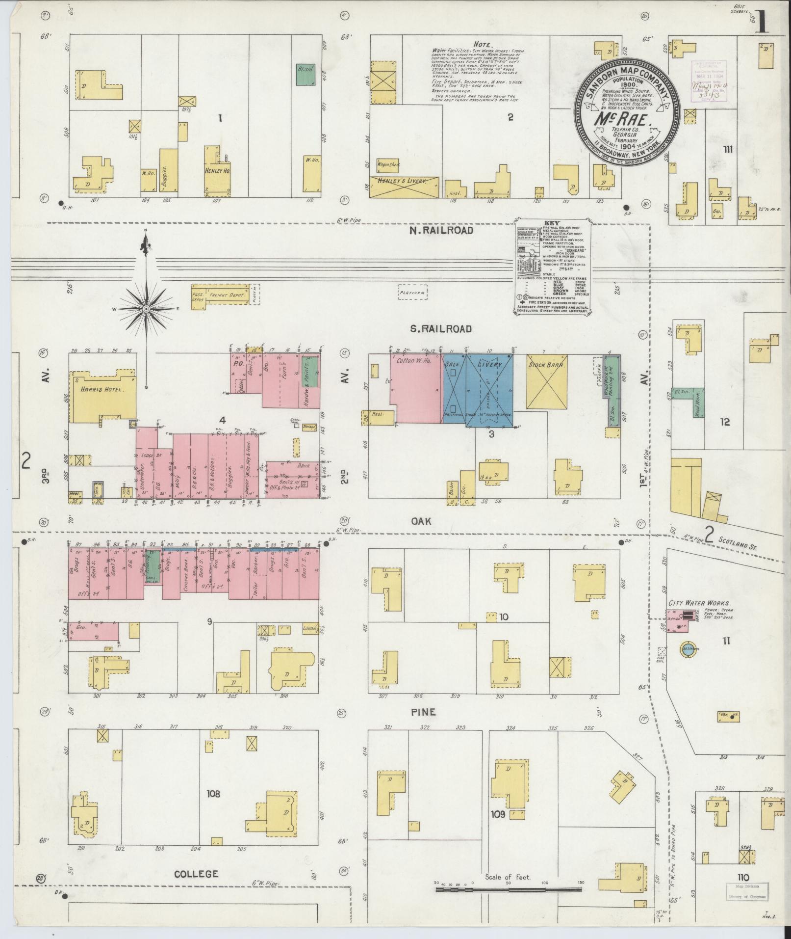 Sanborn Fire Insurance Map from Mcrae, Telfair County, Georgia (1904), Sheet #0001 - Historic Sanborn Fire Insurance Map Print, vintage old map wall art, antique decor, genealogy gift, Georgia Georgia map