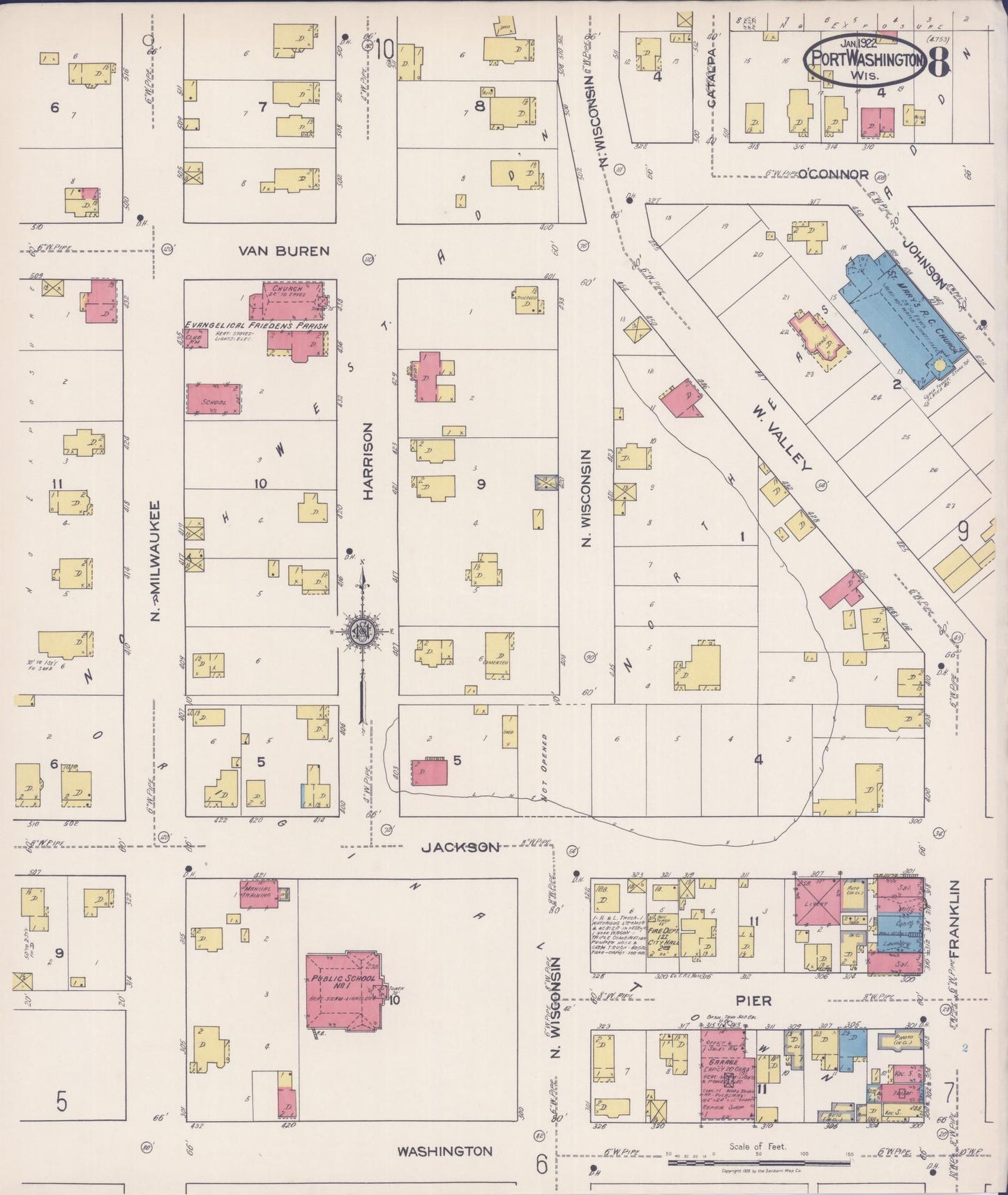 Sanborn Fire Insurance Map from Port Washington, Ozaukee County, Wisconsin (1922), Sheet #0008 - Historic Sanborn Fire Insurance Map Print, vintage old map wall art, antique decor, genealogy gift, Wisconsin Wisconsin map
