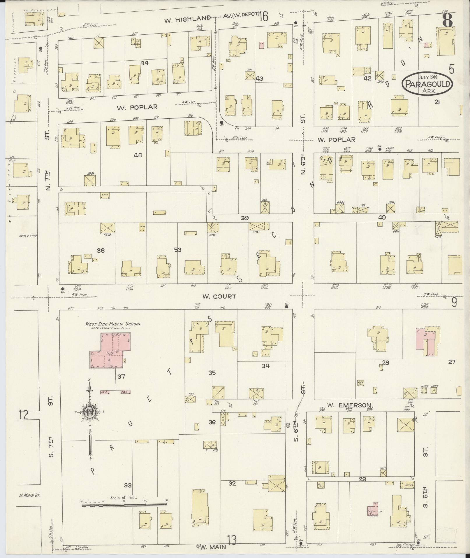 Sanborn Fire Insurance Map from Paragould, Greene County, Arkansas (1914), Sheet #0008 - Historic Sanborn Fire Insurance Map Print, vintage old map wall art, antique decor, genealogy gift, Arkansas Arkansas map