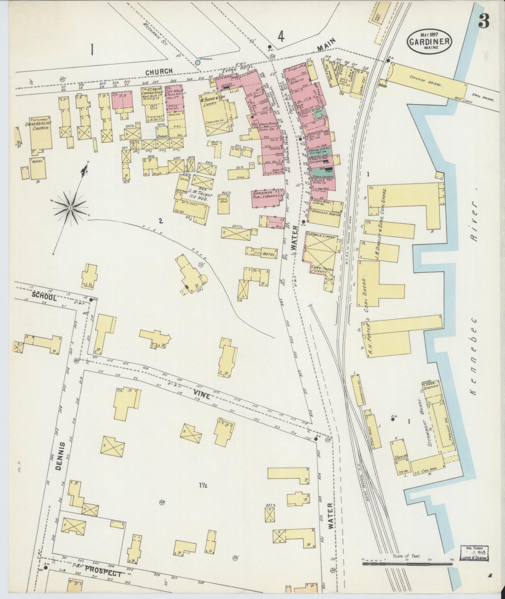 Sanborn Fire Insurance Map from Gardiner, Kennebec County, Maine (1897), Sheet #0003 - Historic Sanborn Fire Insurance Map Print, vintage old map wall art, antique decor, genealogy gift, Maine Maine map