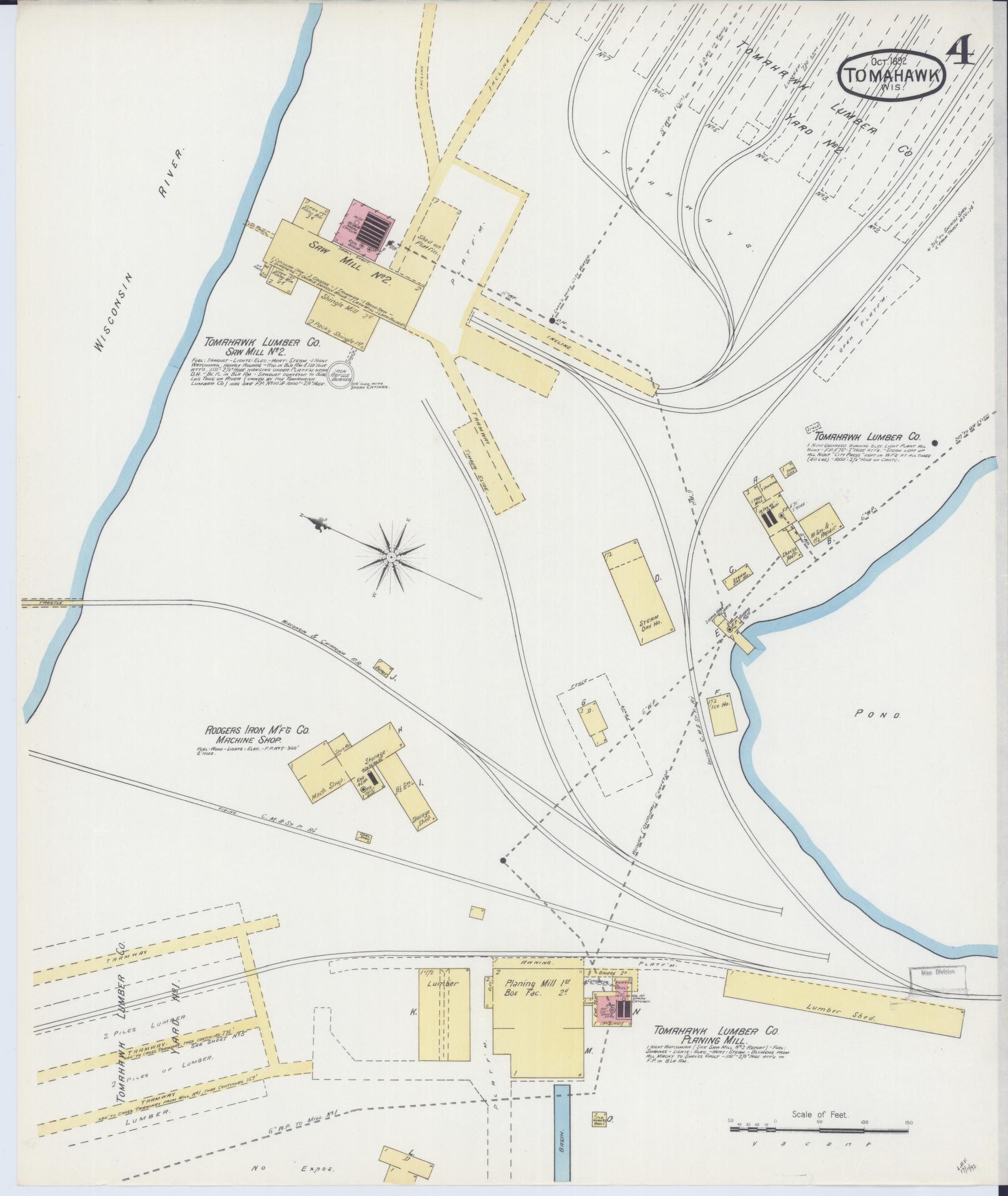 Sanborn Fire Insurance Map from Tomahawk, Lincoln County, Wisconsin (1892), Sheet #0004 - Complete Map Set gallery image, historic Sanborn map, vintage wall art, Wisconsin Wisconsin