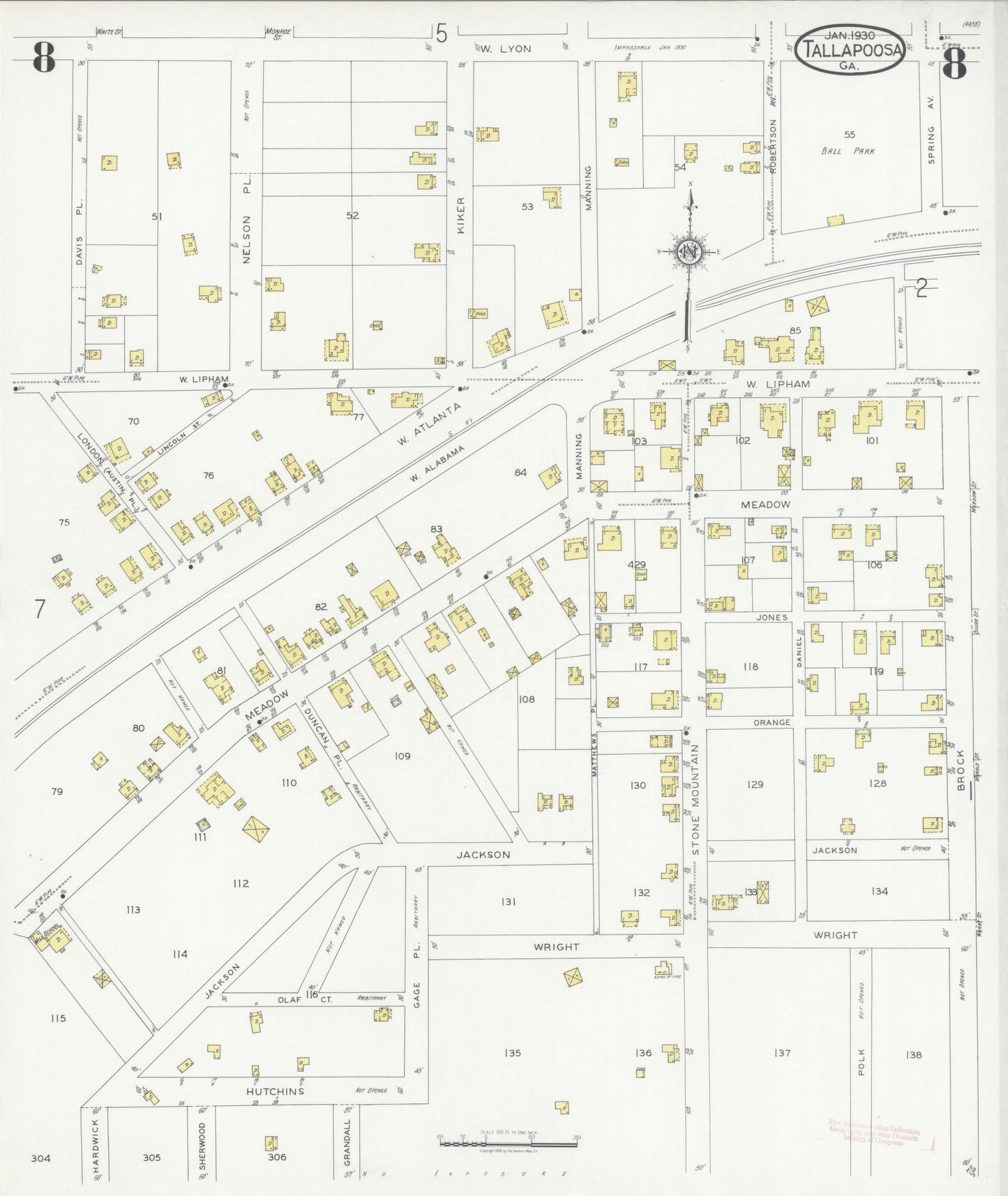 Sanborn Fire Insurance Map from Tallapoosa, Haralson County, Georgia (1930), Sheet #0008 - Complete Map Set gallery image, historic Sanborn map, vintage wall art, Georgia Georgia