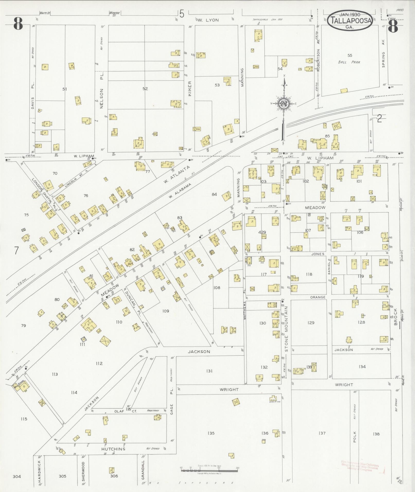 Sanborn Fire Insurance Map from Tallapoosa, Haralson County, Georgia (1930), Sheet #0008 - Complete Map Set gallery image, historic Sanborn map, vintage wall art, Georgia Georgia
