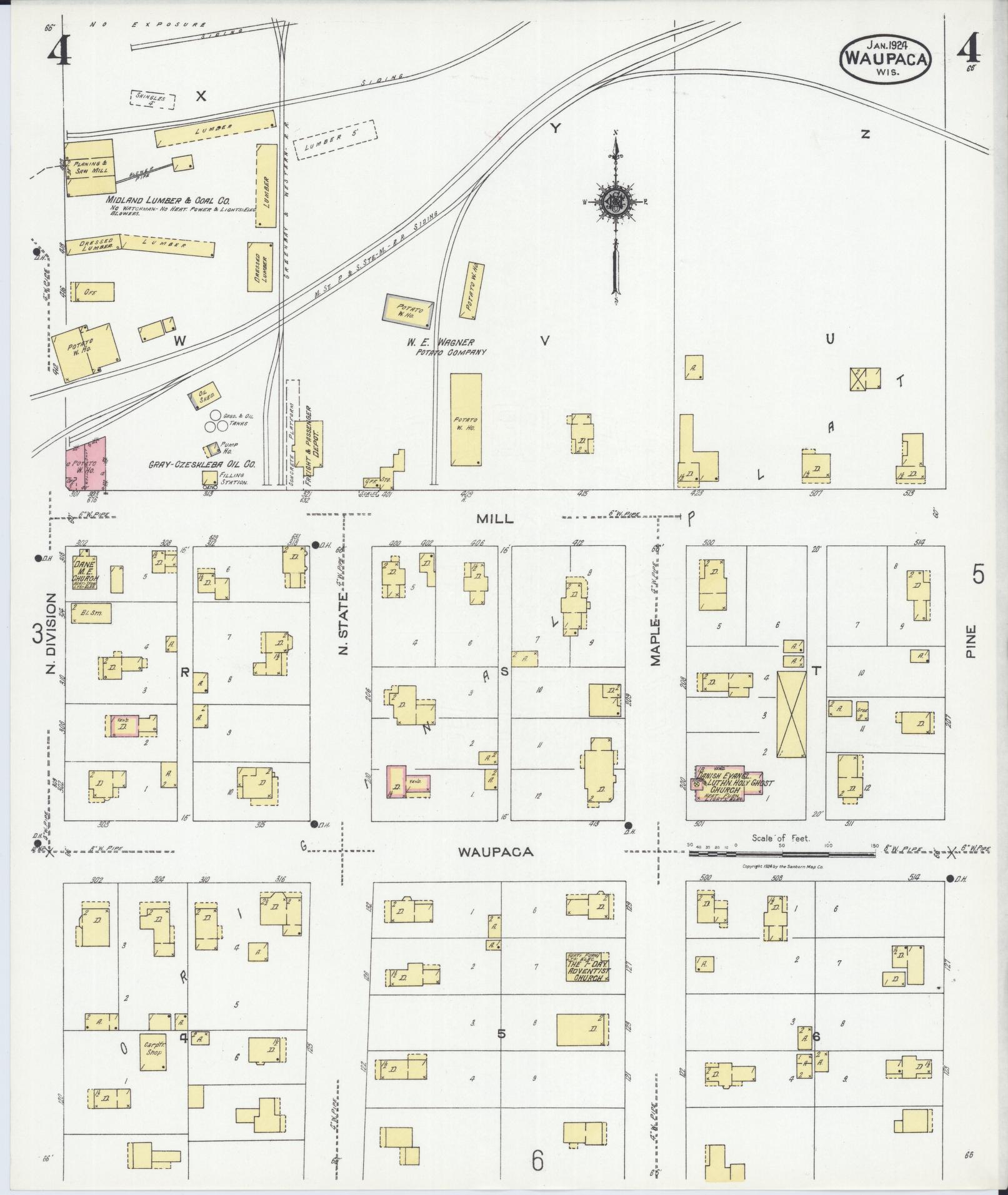 Sanborn Fire Insurance Map from Waupaca, Waupaca County, Wisconsin (1924), Sheet #0004 - Historic Sanborn Fire Insurance Map Print, vintage old map wall art, antique decor, genealogy gift, Wisconsin Wisconsin map