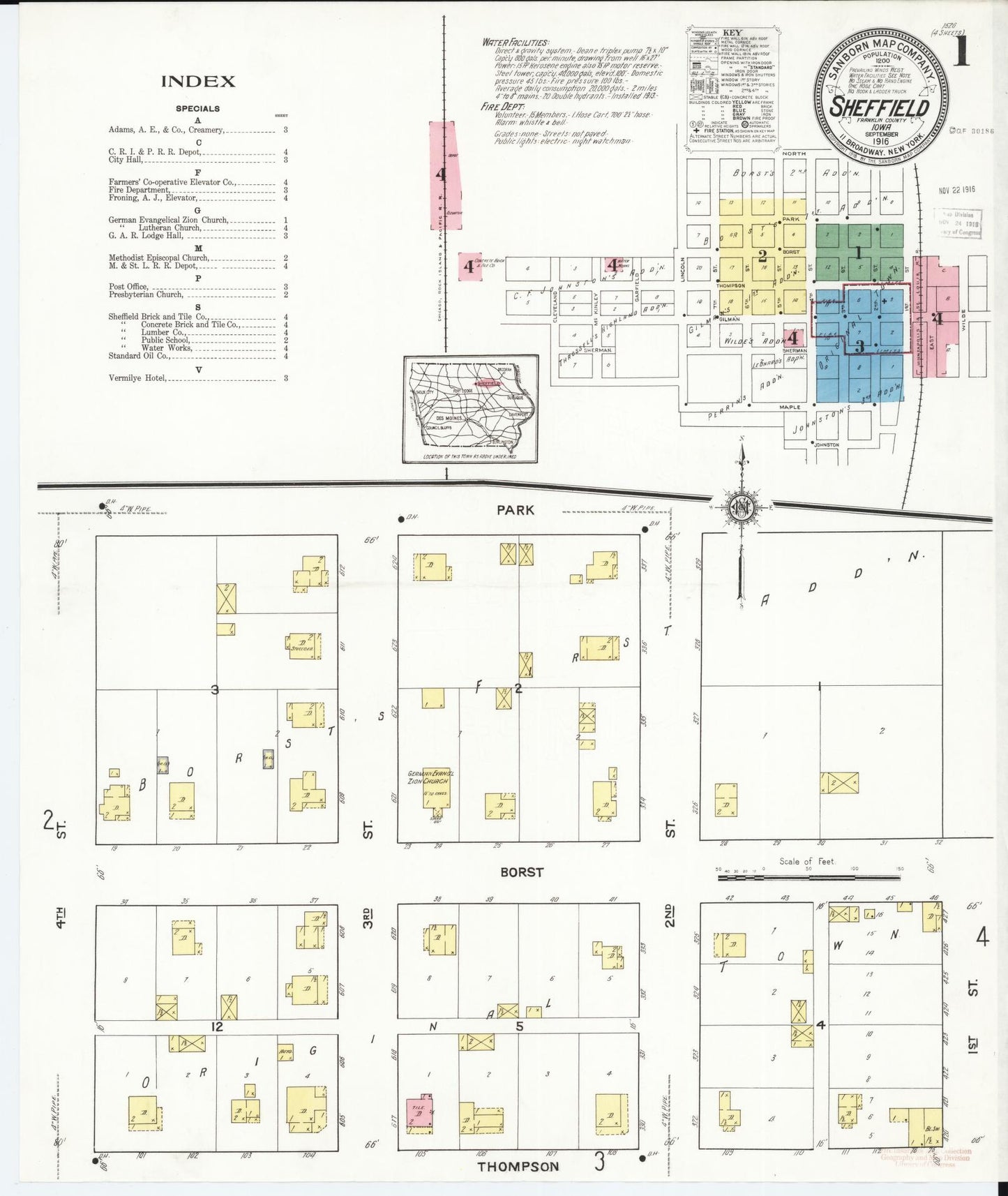 Sanborn Fire Insurance Map from Sheffield, Franklin County, Iowa (1916), Sheet #0001 - Historic Sanborn Fire Insurance Map Print