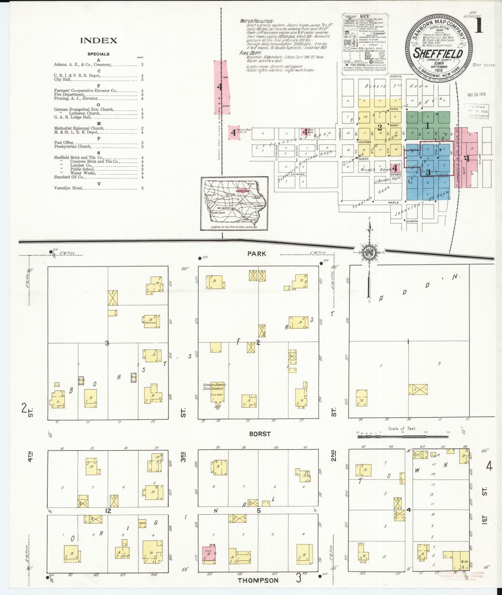 Sanborn Fire Insurance Map from Sheffield, Franklin County, Iowa (1916), Sheet #0001 - Historic Sanborn Fire Insurance Map Print