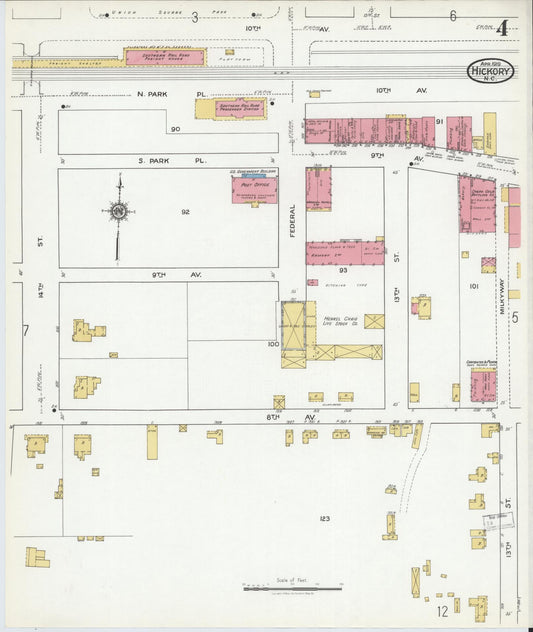 Sanborn Fire Insurance Map from Hickory, Catawba County, North Carolina (1919), Sheet #0004 - Historic Sanborn Fire Insurance Map Print, vintage old map wall art, antique decor, genealogy gift, North Carolina North Carolina map