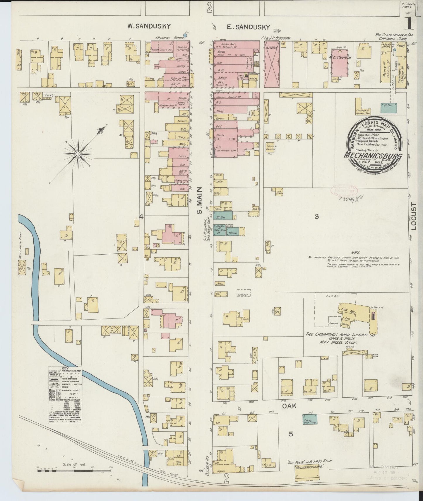 Sanborn Fire Insurance Map from Mechanicsburg, Champaign County, Ohio (1892), Sheet #0001 - Historic Sanborn Fire Insurance Map Print, vintage old map wall art, antique decor, genealogy gift, Ohio Ohio map