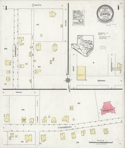 Sanborn Fire Insurance Map from Overton, Rusk County, Texas (1926), Sheet #0001 - Historic Sanborn Fire Insurance Map Print, vintage old map wall art, antique decor, genealogy gift, Texas Texas map