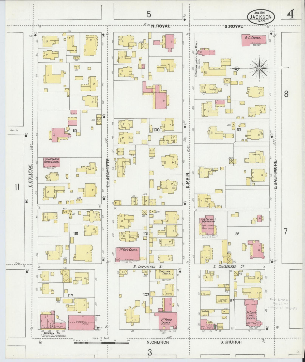 Sanborn Fire Insurance Map from Jackson, Madison County, Tennessee (1901), Sheet #0004 - Complete Map Set gallery image, historic Sanborn map, vintage wall art, Tennessee Tennessee