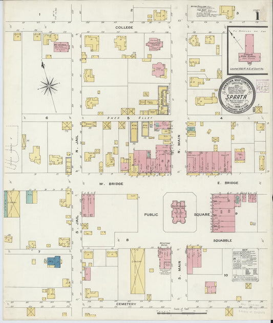 Sanborn Fire Insurance Map from Sparta, White County, Tennessee (1908), Sheet #0001 - Complete Map Set gallery image, historic Sanborn map, vintage wall art, Tennessee Tennessee