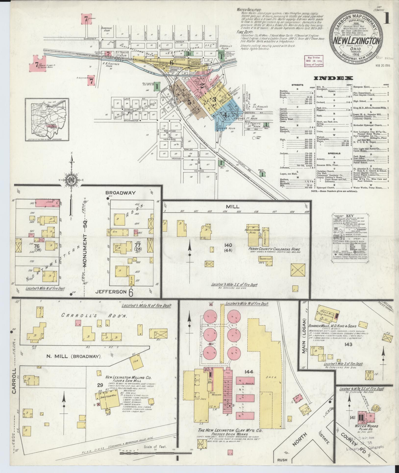Sanborn Fire Insurance Map from New Lexington, Perry County, Ohio (1916), Sheet #0001 - Historic Sanborn Fire Insurance Map Print, vintage old map wall art, antique decor, genealogy gift, Ohio Ohio map