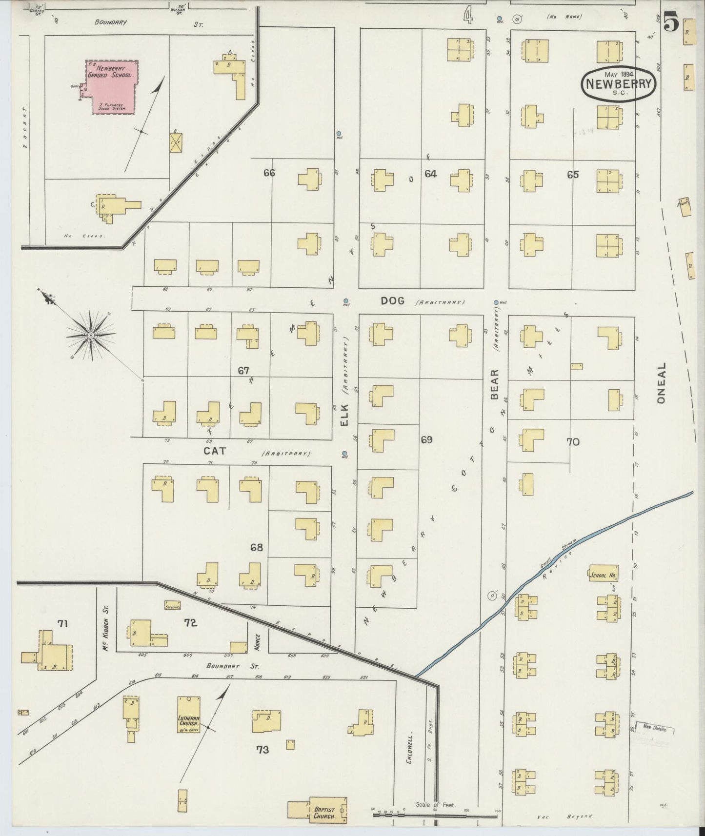 Sanborn Fire Insurance Map from Newberry, Newberry County, South Carolina (1894), Sheet #0005 - Historic Sanborn Fire Insurance Map Print, vintage old map wall art, antique decor, genealogy gift, South Carolina South Carolina map