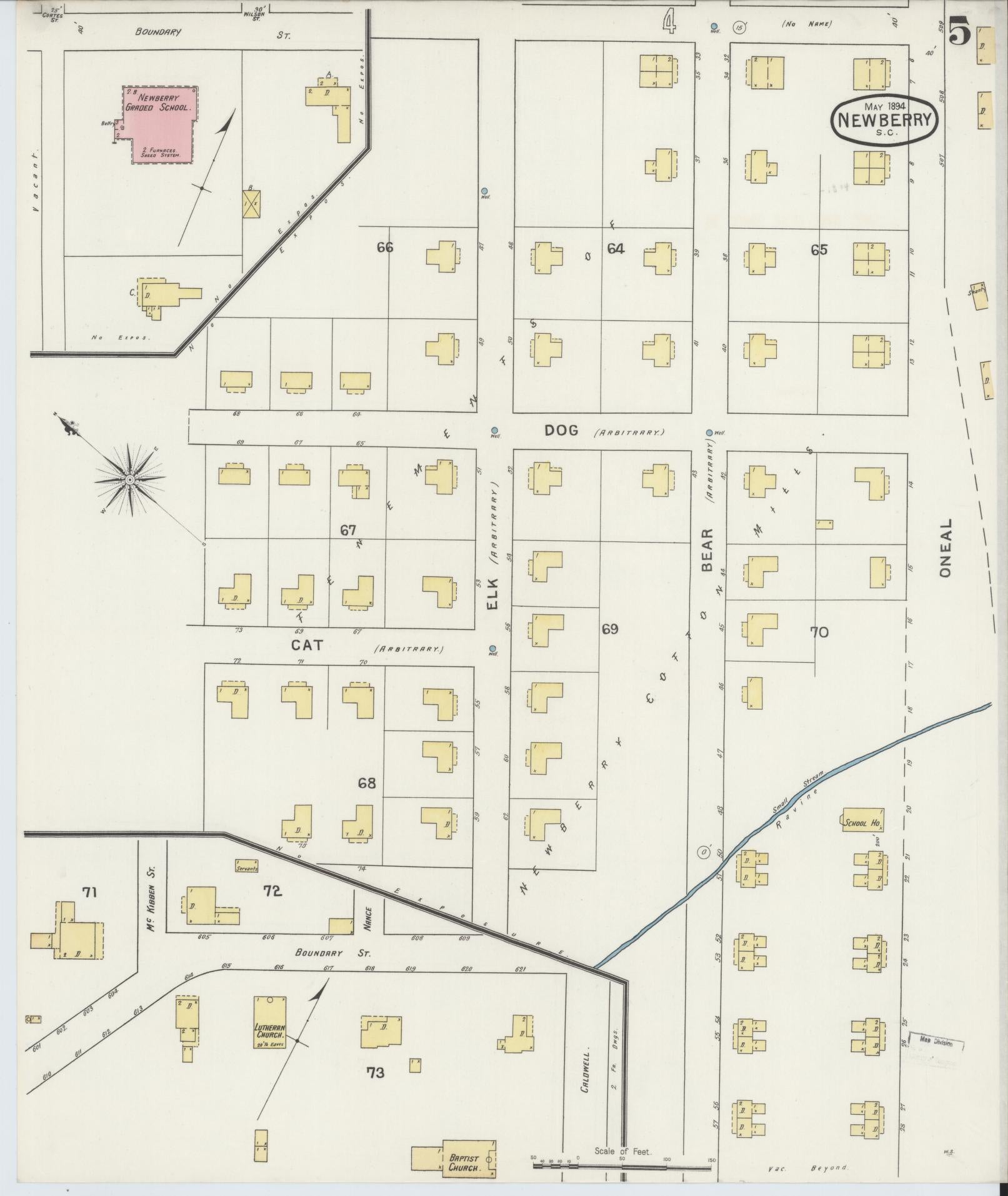 Sanborn Fire Insurance Map from Newberry, Newberry County, South Carolina (1894), Sheet #0005 - Historic Sanborn Fire Insurance Map Print, vintage old map wall art, antique decor, genealogy gift, South Carolina South Carolina map