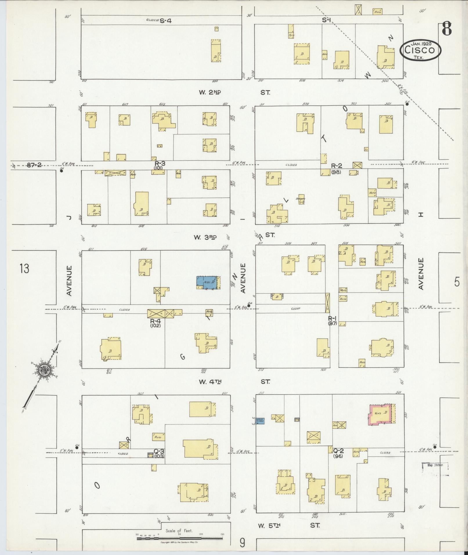 Sanborn Fire Insurance Map from Cisco, Eastland County, Texas (1920), Sheet #0008 - Complete Map Set gallery image, historic Sanborn map, vintage wall art, Texas Texas