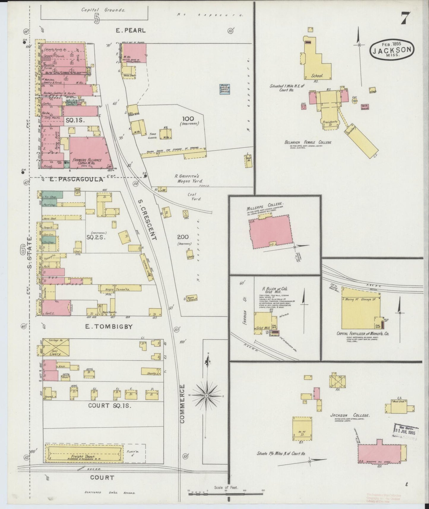 Sanborn Fire Insurance Map from Jackson, Hinds County, Mississippi (1895), Sheet #0007 - Historic Sanborn Fire Insurance Map Print, vintage old map wall art, antique decor, genealogy gift, Mississippi Mississippi map