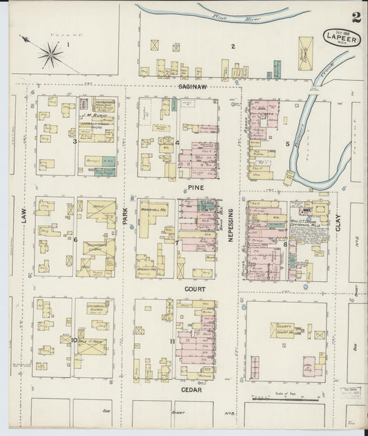 Sanborn Fire Insurance Map from Lapeer, Lapeer County, Michigan (1888), Sheet #0002 - Historic Sanborn Fire Insurance Map Print, vintage old map wall art, antique decor, genealogy gift, Michigan Michigan map
