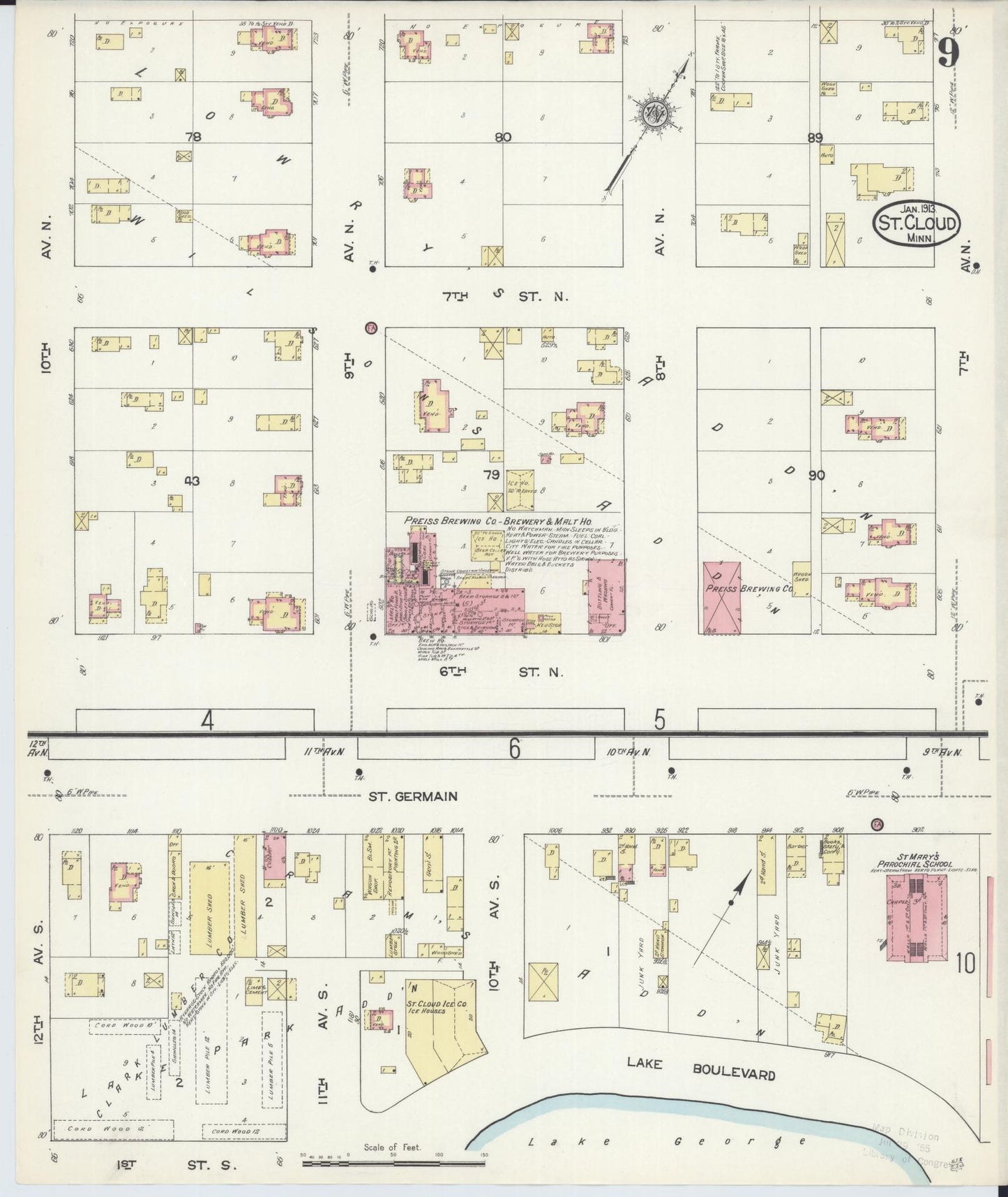 Sanborn Fire Insurance Map from Saint Cloud, Stearns, Benton, and Sherburne Counties, Minnesota (1913), Sheet #0009 - Complete Map Set gallery image, historic Sanborn map, vintage wall art, Minnesota Minnesota